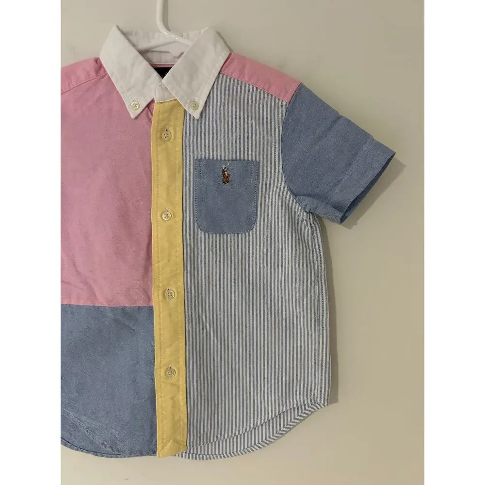 Ralph Lauren Cotton Oxford Fun Shirt Boys Color Block Pink Yellow Blue 3T Polo